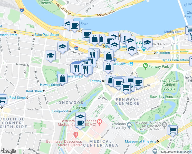 map of restaurants, bars, coffee shops, grocery stores, and more near 912 Beacon Street in Boston