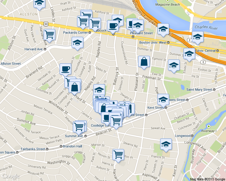 map of restaurants, bars, coffee shops, grocery stores, and more near 99 Babcock Street in Brookline