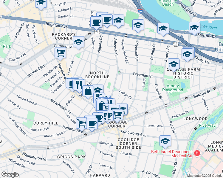 map of restaurants, bars, coffee shops, grocery stores, and more near 75 Stedman Street in Brookline