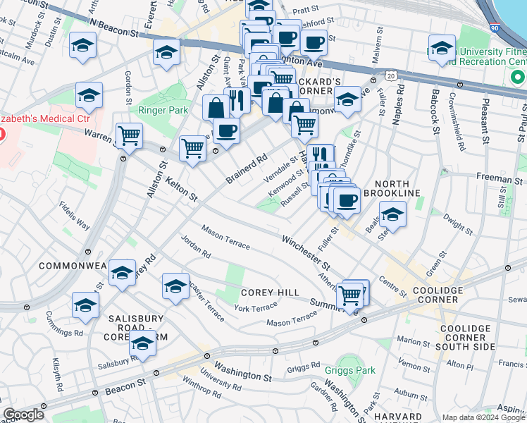 map of restaurants, bars, coffee shops, grocery stores, and more near in Brookline