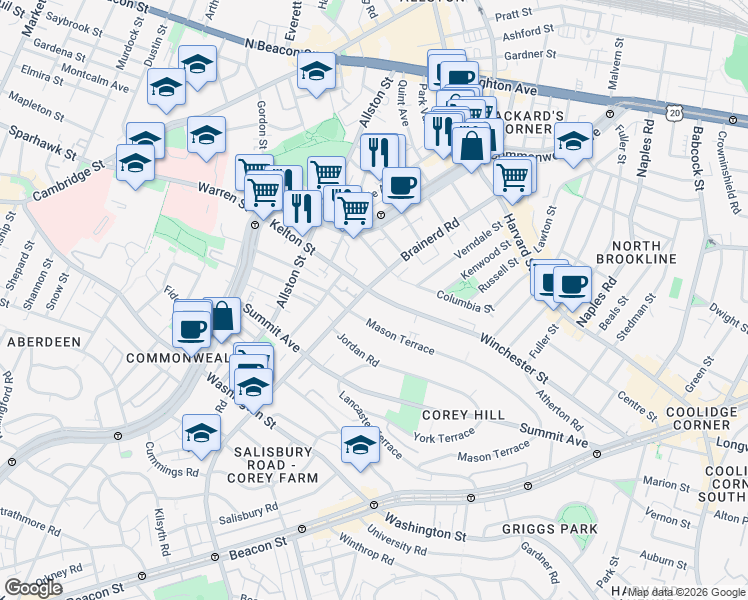 map of restaurants, bars, coffee shops, grocery stores, and more near 239 Kelton Street in Boston
