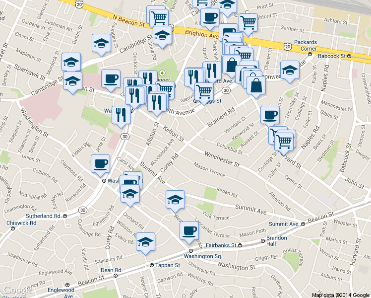 map of restaurants, bars, coffee shops, grocery stores, and more near 239 Kelton Street in Boston