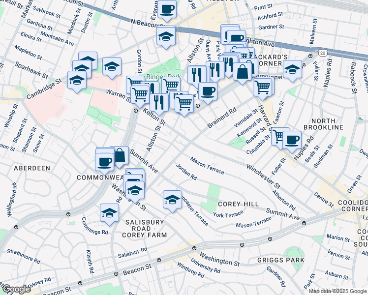map of restaurants, bars, coffee shops, grocery stores, and more near 239 Kelton Street in Boston