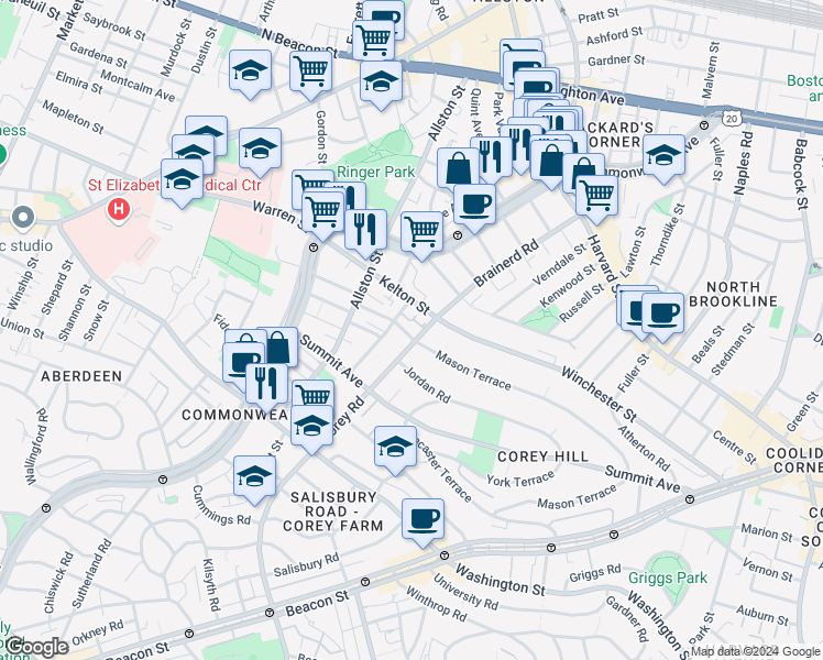 map of restaurants, bars, coffee shops, grocery stores, and more near 239 Kelton Street in Boston