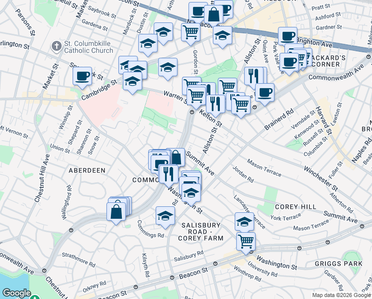 map of restaurants, bars, coffee shops, grocery stores, and more near 1486 Commonwealth Avenue in Boston