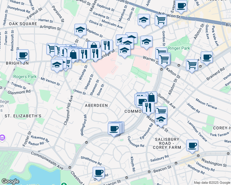 map of restaurants, bars, coffee shops, grocery stores, and more near 155 Washington Street in Boston