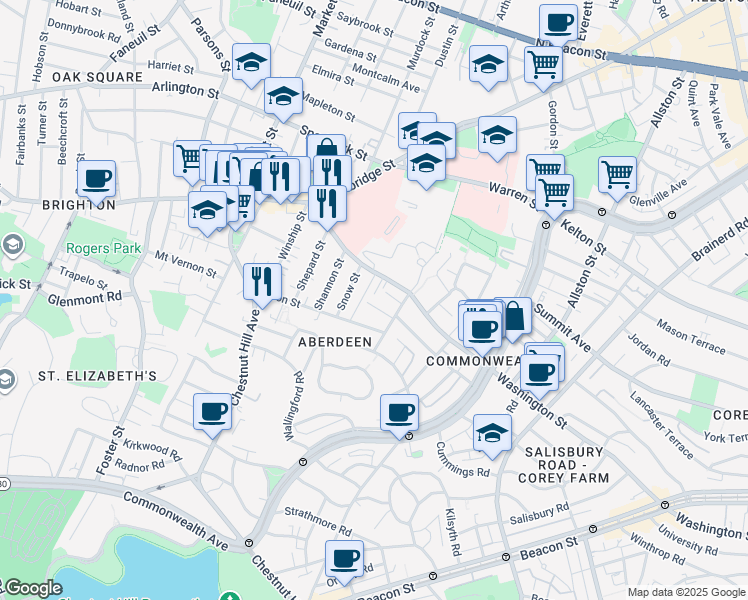 map of restaurants, bars, coffee shops, grocery stores, and more near 200 Washington Street in Boston
