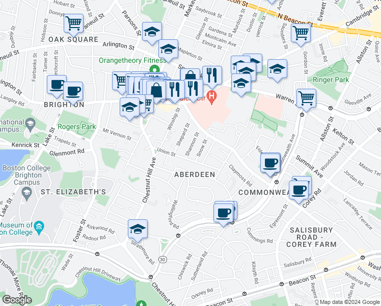 map of restaurants, bars, coffee shops, grocery stores, and more near 30 Shannon Street in Boston