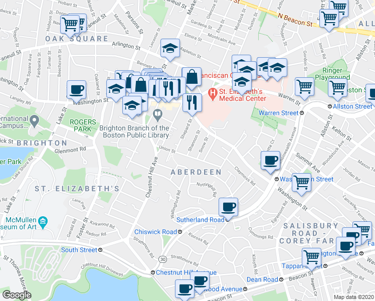 map of restaurants, bars, coffee shops, grocery stores, and more near 30 Shannon Street in Boston