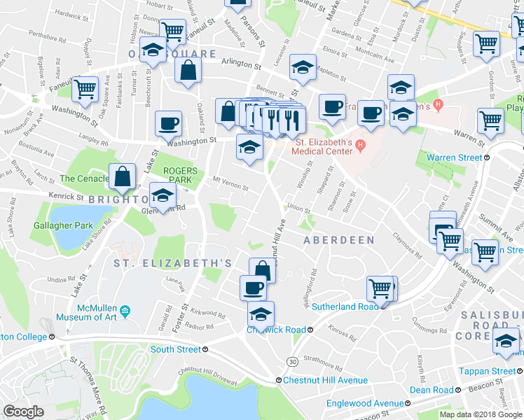 map of restaurants, bars, coffee shops, grocery stores, and more near 82 Academy Hill Road in Boston