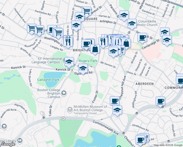 map of restaurants, bars, coffee shops, grocery stores, and more near 65 Rogers Park Avenue in Boston