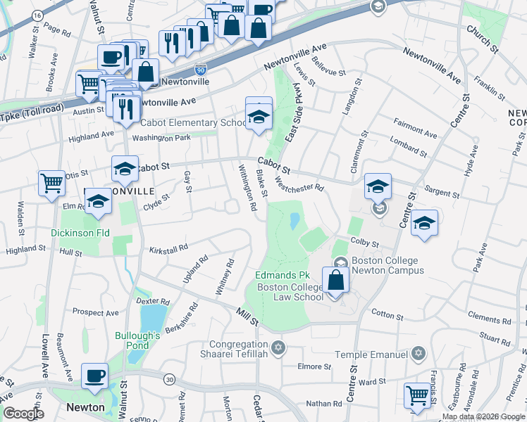 map of restaurants, bars, coffee shops, grocery stores, and more near 110 Withington Road in Newton