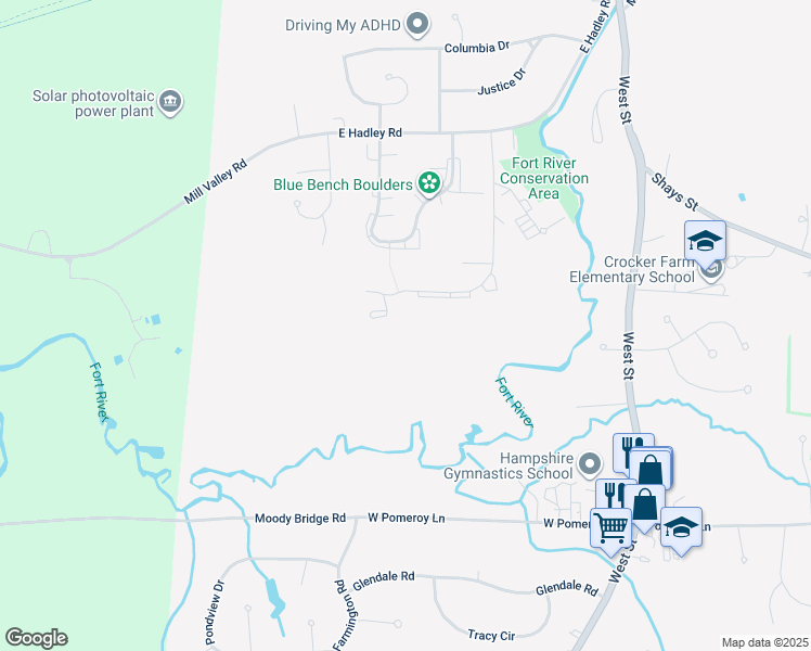 map of restaurants, bars, coffee shops, grocery stores, and more near 700 Riverglade Drive in Amherst