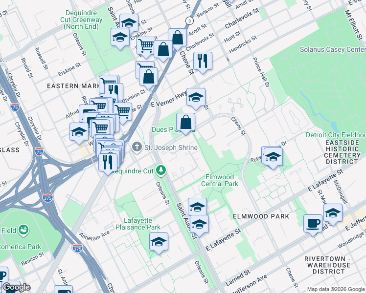 map of restaurants, bars, coffee shops, grocery stores, and more near 2220 Hyde Park Drive in Detroit