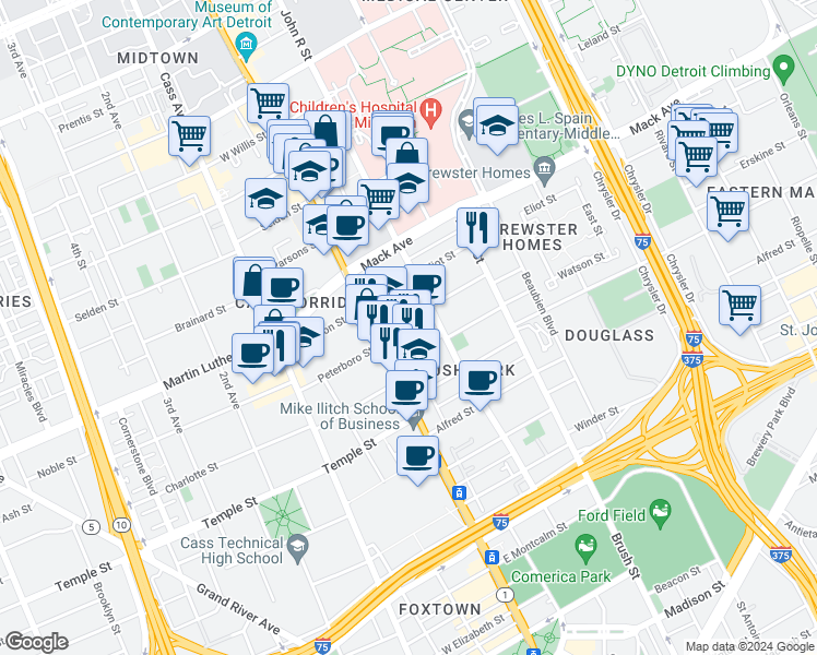map of restaurants, bars, coffee shops, grocery stores, and more near 115 Erskine Street in Detroit