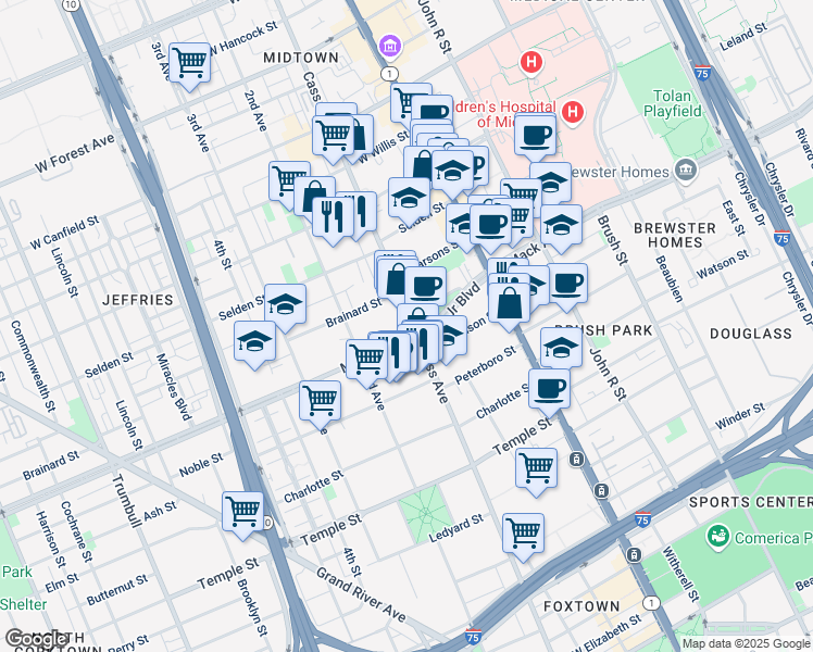 map of restaurants, bars, coffee shops, grocery stores, and more near in Detroit