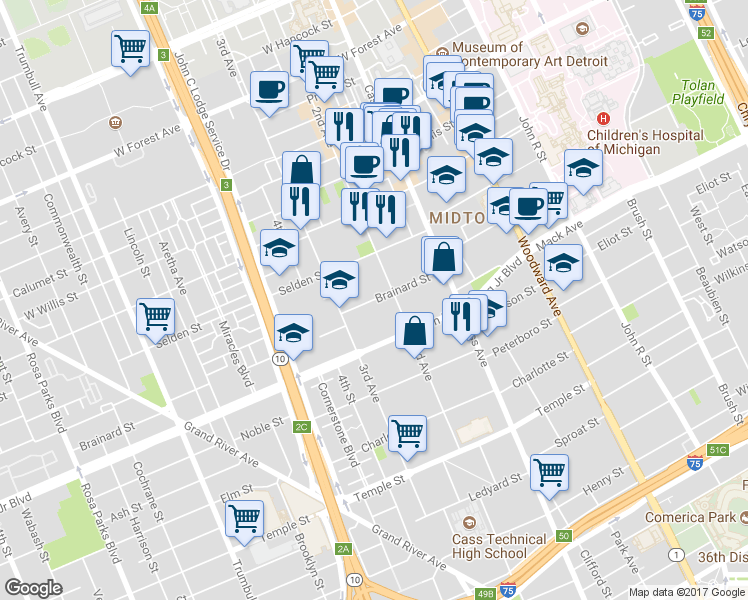 map of restaurants, bars, coffee shops, grocery stores, and more near 3711 2nd Avenue in Detroit