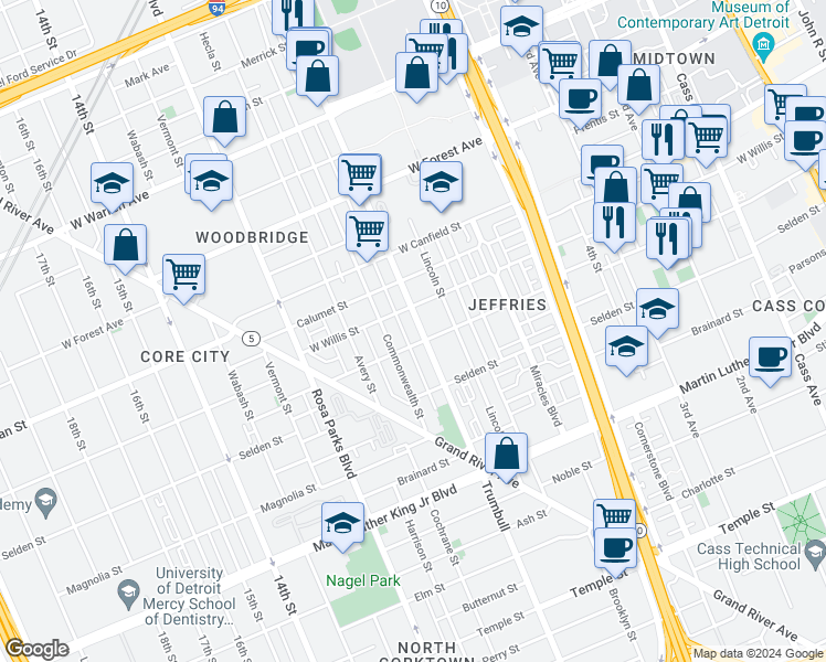 map of restaurants, bars, coffee shops, grocery stores, and more near 4203 Trumbull in Detroit