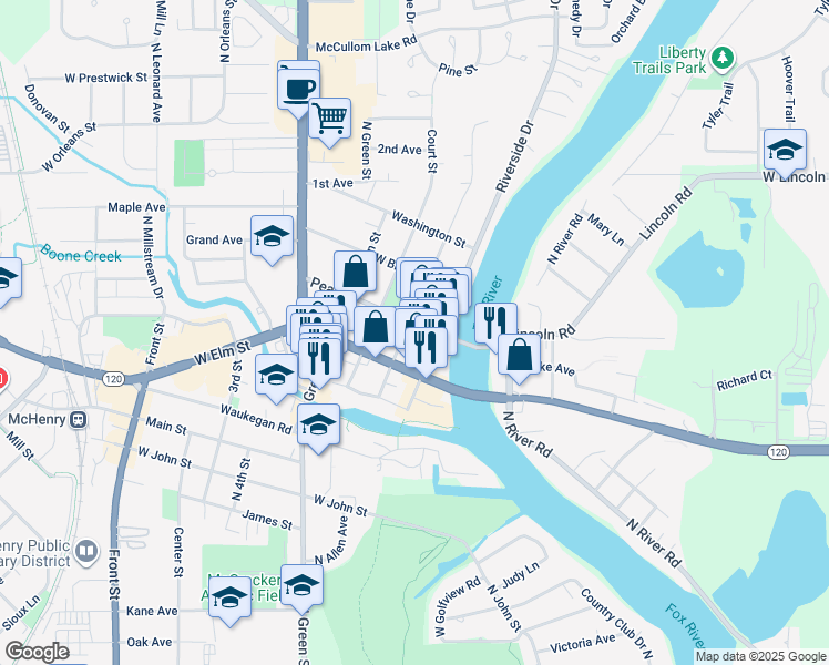 map of restaurants, bars, coffee shops, grocery stores, and more near 3318 Pearl Street in McHenry