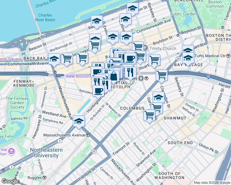 map of restaurants, bars, coffee shops, grocery stores, and more near St Botolph St & Garrison St in Boston