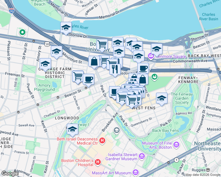 map of restaurants, bars, coffee shops, grocery stores, and more near 9 Miner Street in Boston