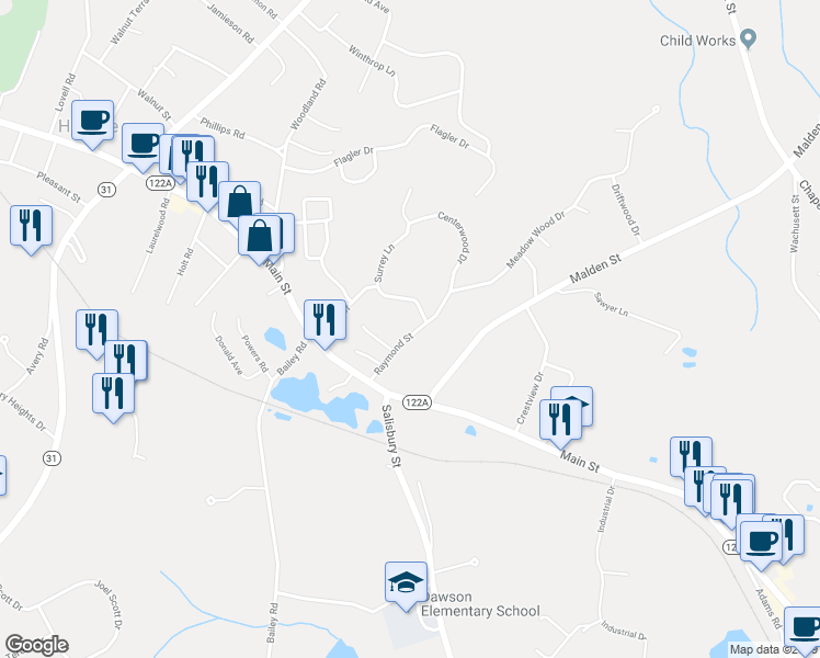 map of restaurants, bars, coffee shops, grocery stores, and more near 46 Raymond Street in Holden