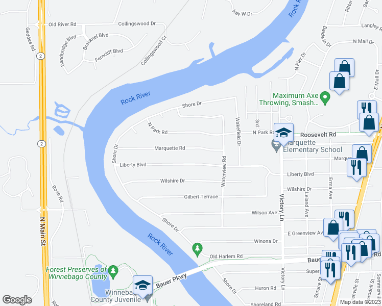map of restaurants, bars, coffee shops, grocery stores, and more near 53 Marquette Road in Machesney Park