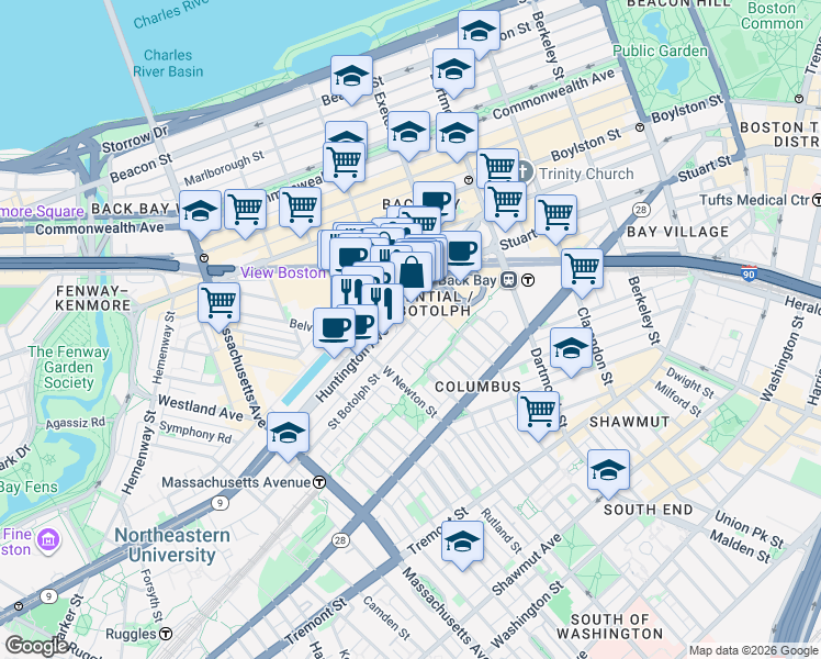 map of restaurants, bars, coffee shops, grocery stores, and more near 17 Garrison Street in Boston