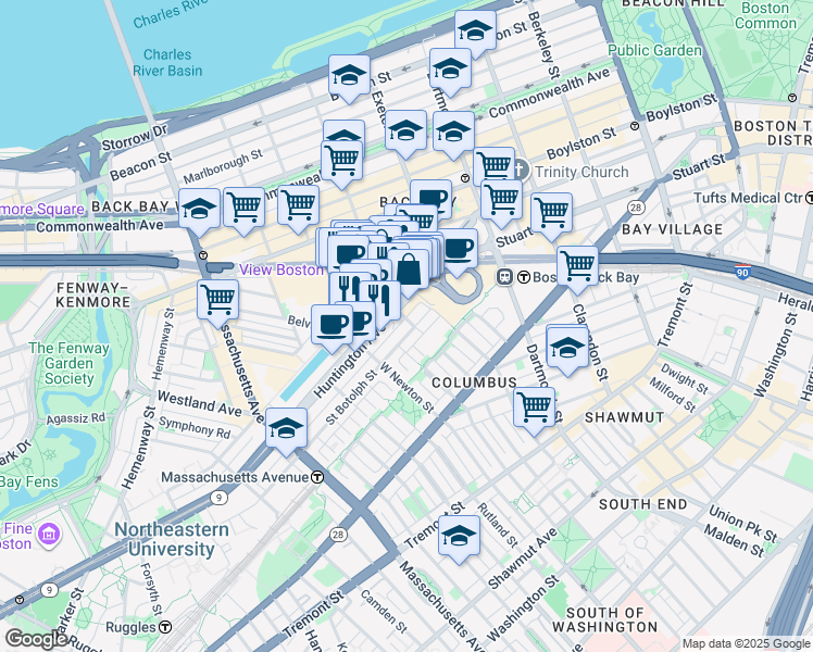 map of restaurants, bars, coffee shops, grocery stores, and more near 101 Huntington Avenue in Boston