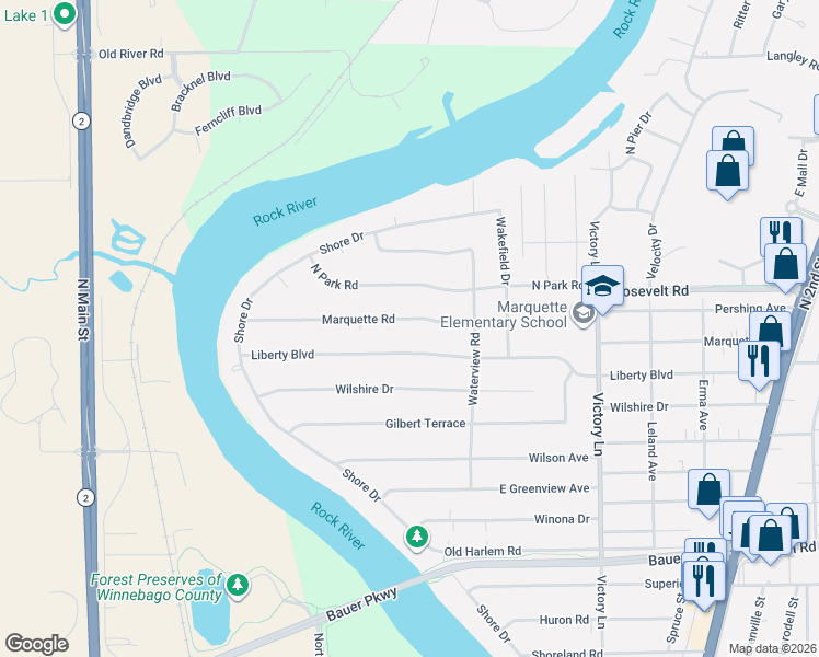 map of restaurants, bars, coffee shops, grocery stores, and more near 58 Marquette Road in Machesney Park