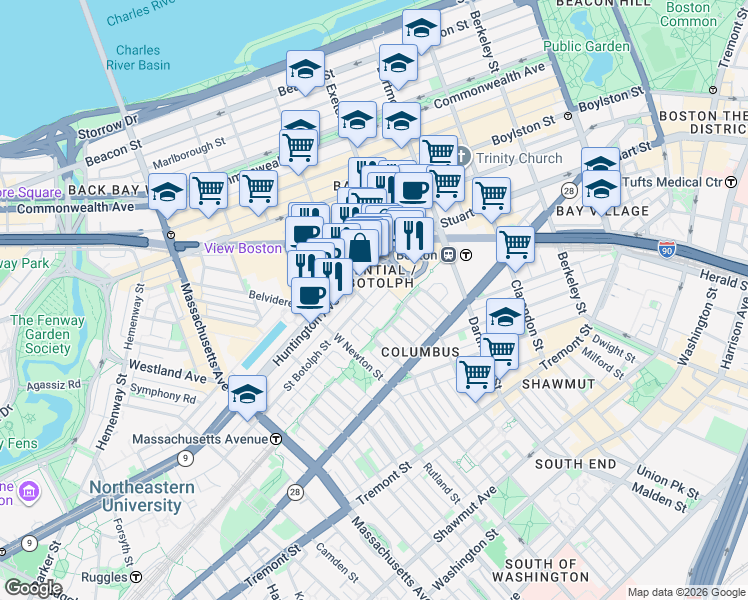 map of restaurants, bars, coffee shops, grocery stores, and more near 2 Harcourt Street in Boston