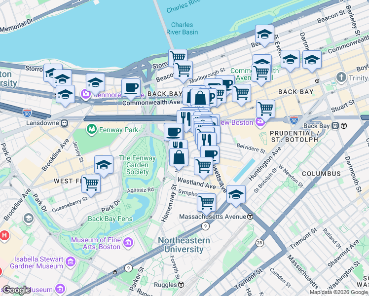 map of restaurants, bars, coffee shops, grocery stores, and more near 26 Hemenway Street in Boston