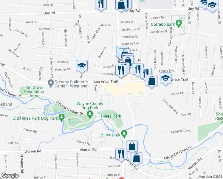 map of restaurants, bars, coffee shops, grocery stores, and more near 31463 Ann Arbor Trail in Westland