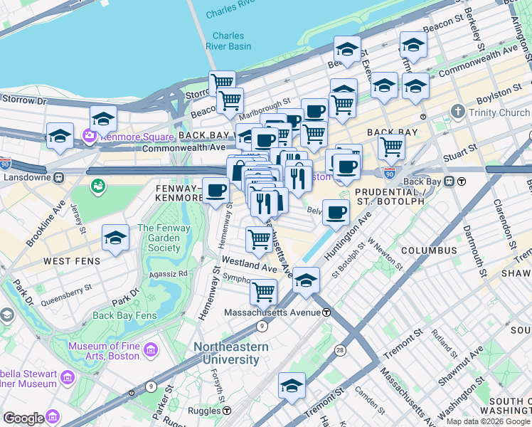 map of restaurants, bars, coffee shops, grocery stores, and more near Massachusetts Ave & St Germain St in Boston