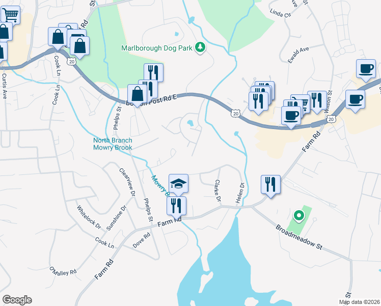 map of restaurants, bars, coffee shops, grocery stores, and more near 85 Royce Road in Marlborough