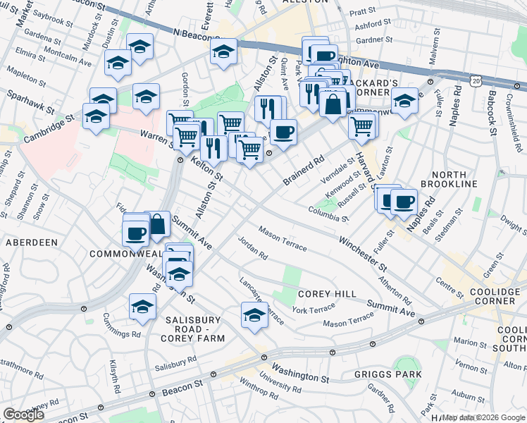 map of restaurants, bars, coffee shops, grocery stores, and more near 239 Kelton Street in Boston