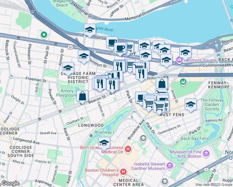 map of restaurants, bars, coffee shops, grocery stores, and more near 912 Beacon Street in Boston