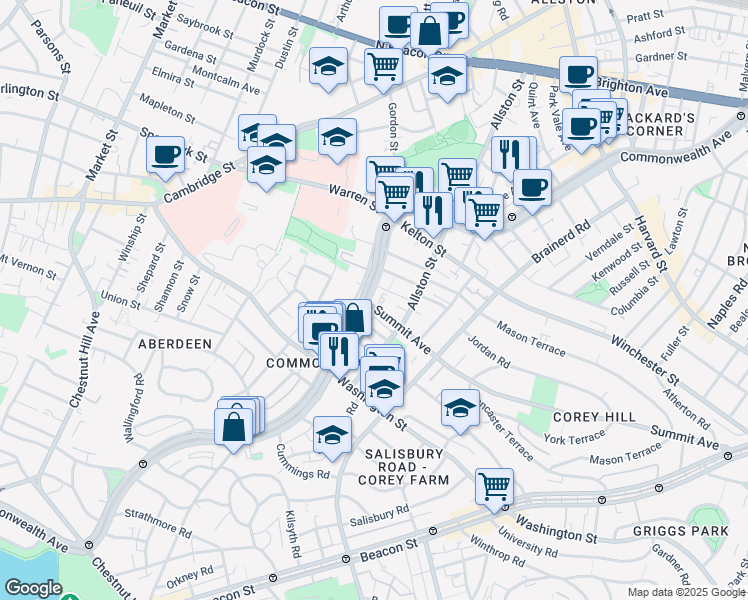map of restaurants, bars, coffee shops, grocery stores, and more near 1486 Commonwealth Avenue in Boston