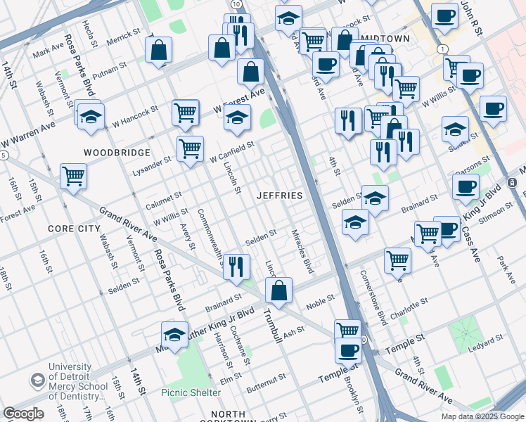 map of restaurants, bars, coffee shops, grocery stores, and more near 4105 Aretha Avenue in Detroit