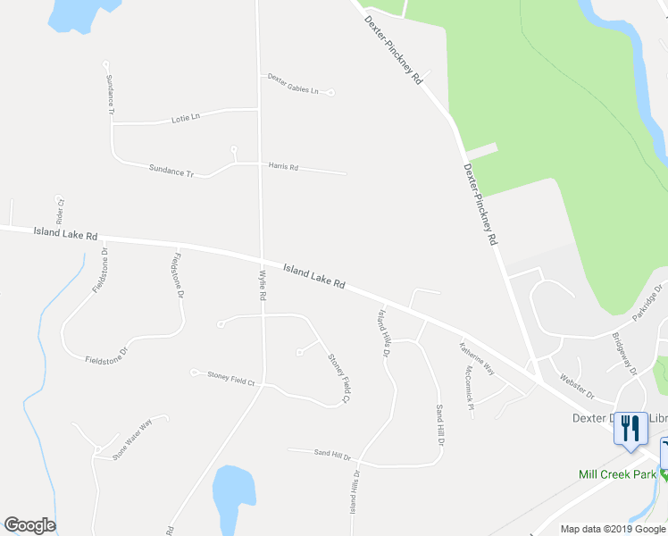 map of restaurants, bars, coffee shops, grocery stores, and more near 8830 Island Lake Road in Dexter