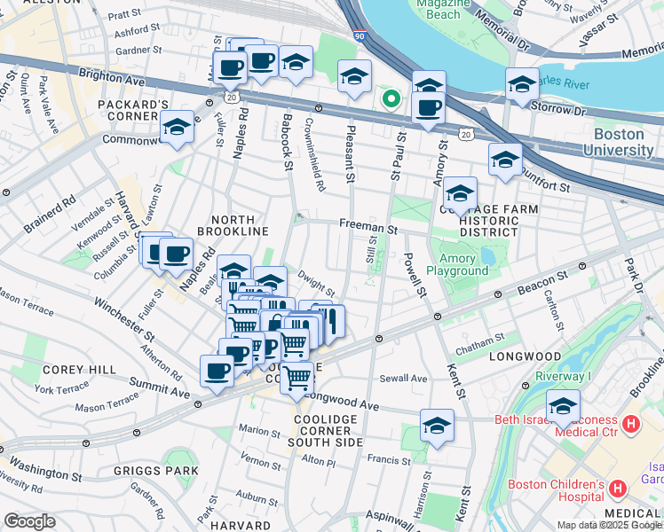 map of restaurants, bars, coffee shops, grocery stores, and more near 107 Browne Street in Brookline