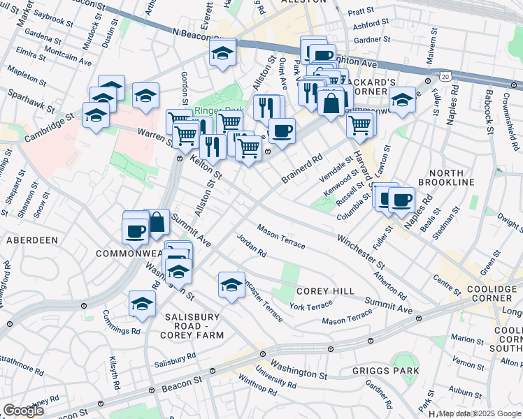 map of restaurants, bars, coffee shops, grocery stores, and more near 239 Kelton Street in Boston