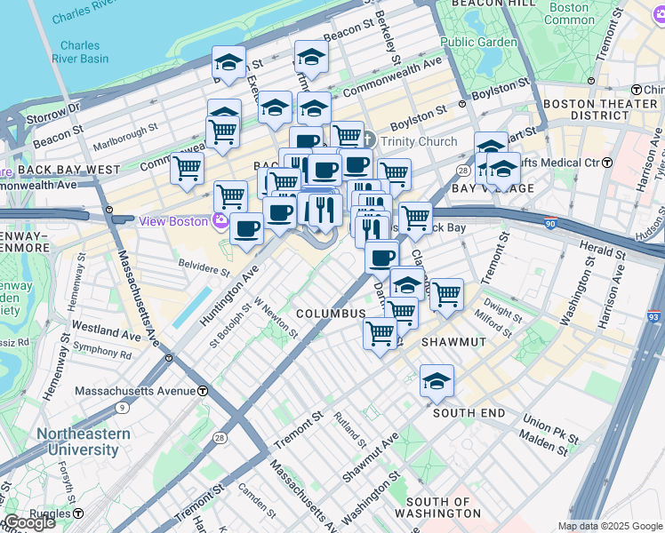 map of restaurants, bars, coffee shops, grocery stores, and more near 100 Huntington Avenue in Boston