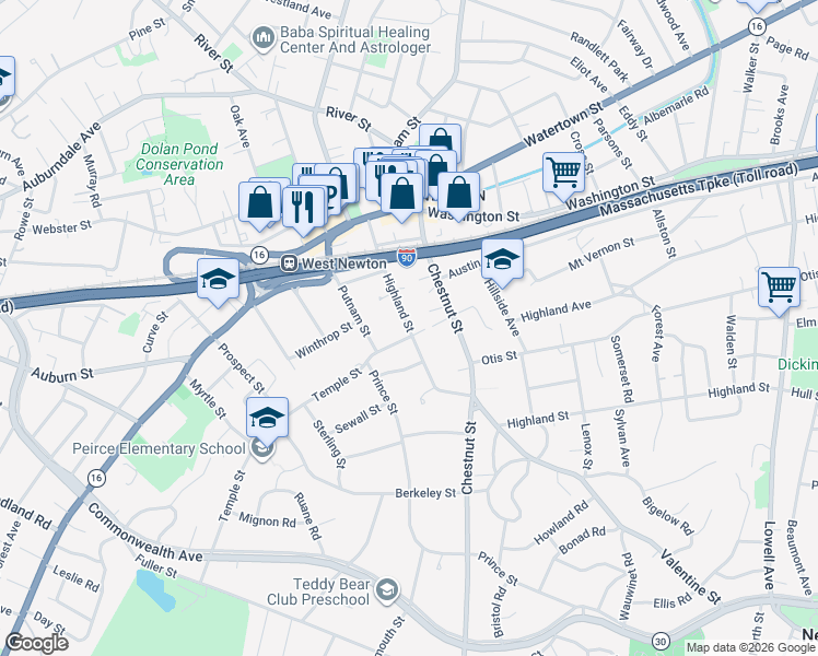 map of restaurants, bars, coffee shops, grocery stores, and more near 102 Highland Street in Newton