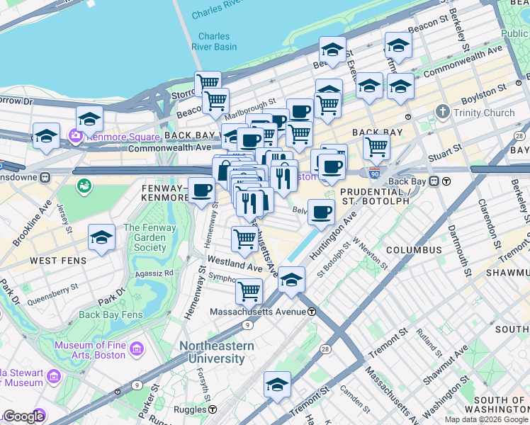 map of restaurants, bars, coffee shops, grocery stores, and more near 14 Belvidere Street in Boston