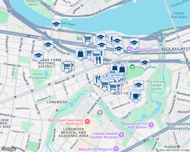 map of restaurants, bars, coffee shops, grocery stores, and more near 9 Miner Street in Boston
