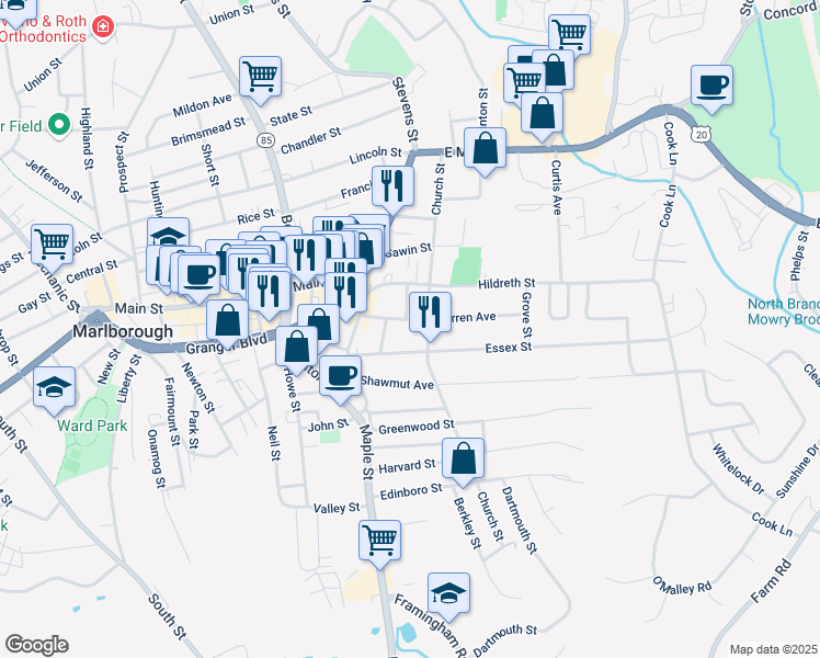map of restaurants, bars, coffee shops, grocery stores, and more near 44 Warren Avenue in Marlborough