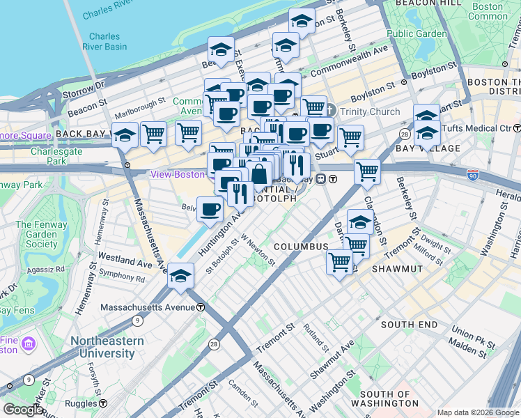 map of restaurants, bars, coffee shops, grocery stores, and more near 2 Harcourt Street in Boston