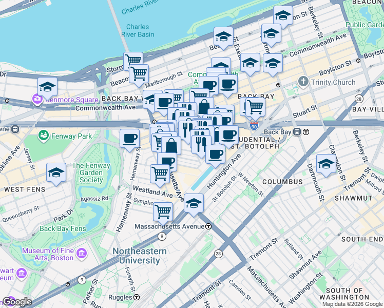 map of restaurants, bars, coffee shops, grocery stores, and more near 40 Dalton Street in Boston