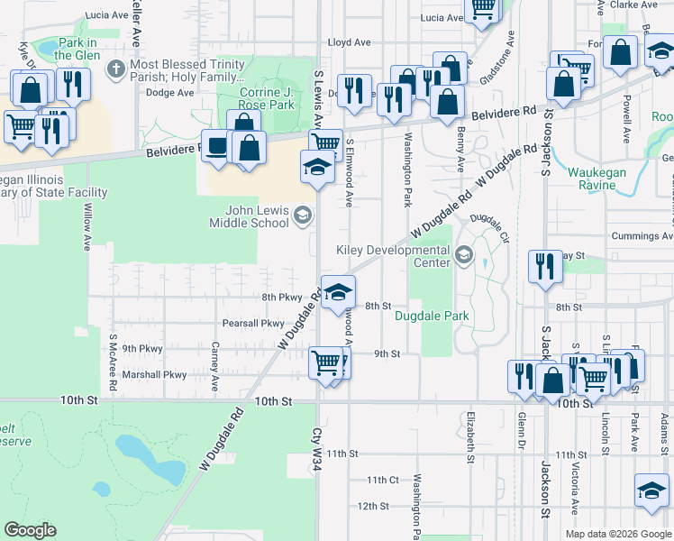 map of restaurants, bars, coffee shops, grocery stores, and more near 706 South Elmwood Avenue in Waukegan